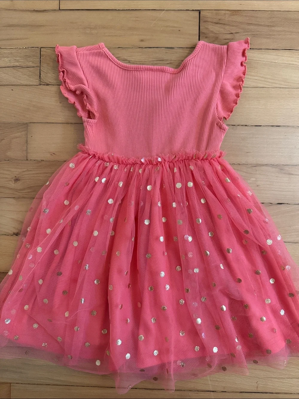 Coral Pink Tulle Party Dress with Gold Dots 3T